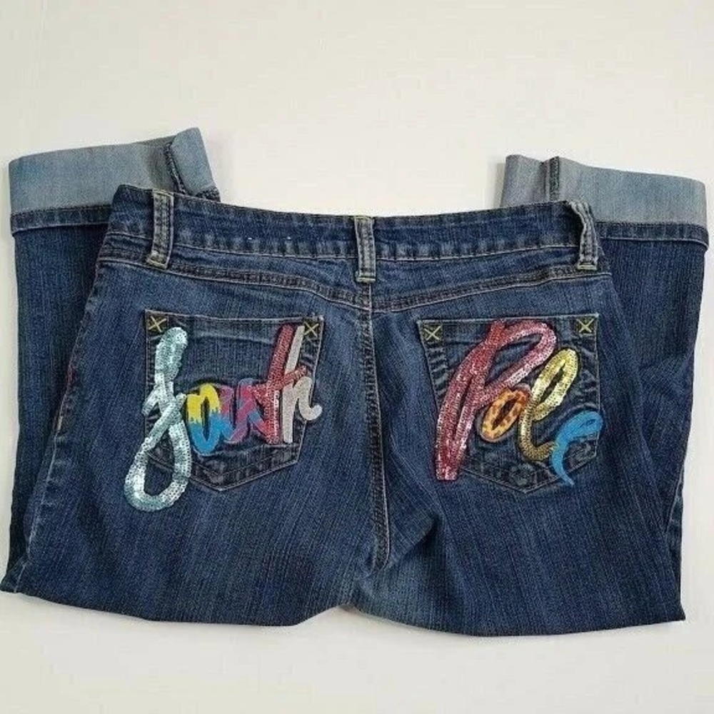 Southpole Women's Jeans Size 11 Dark Wash Sequin Embellished Cuffed Cropped